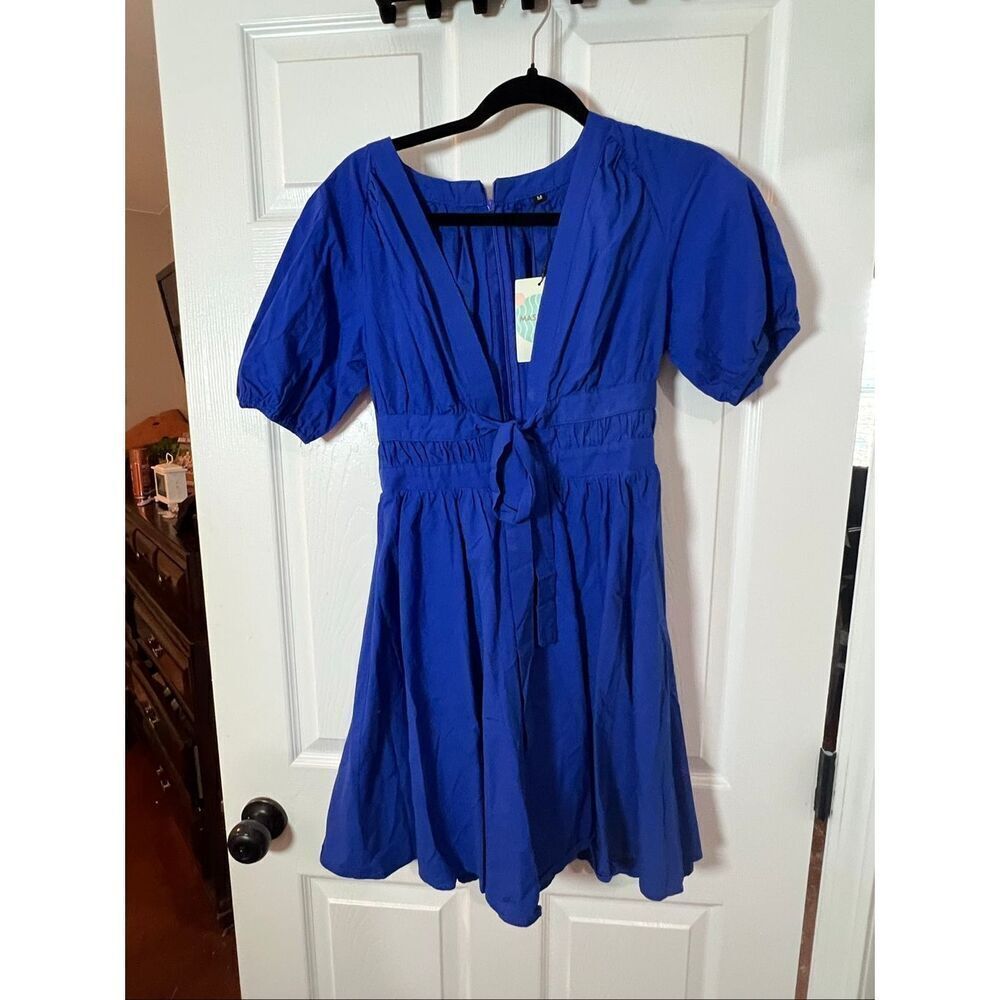 MASKAZU Cobalt Blue Tie Waist Dress | Puff Sleeve | NWT | Size M
